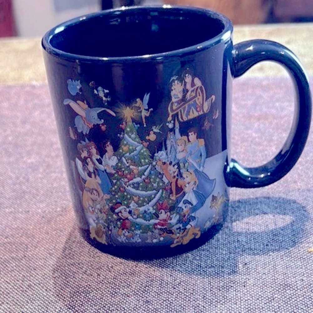 Disney Characters Decorating Christmas Tree Blue Ceramic Mug MWare 3.75"